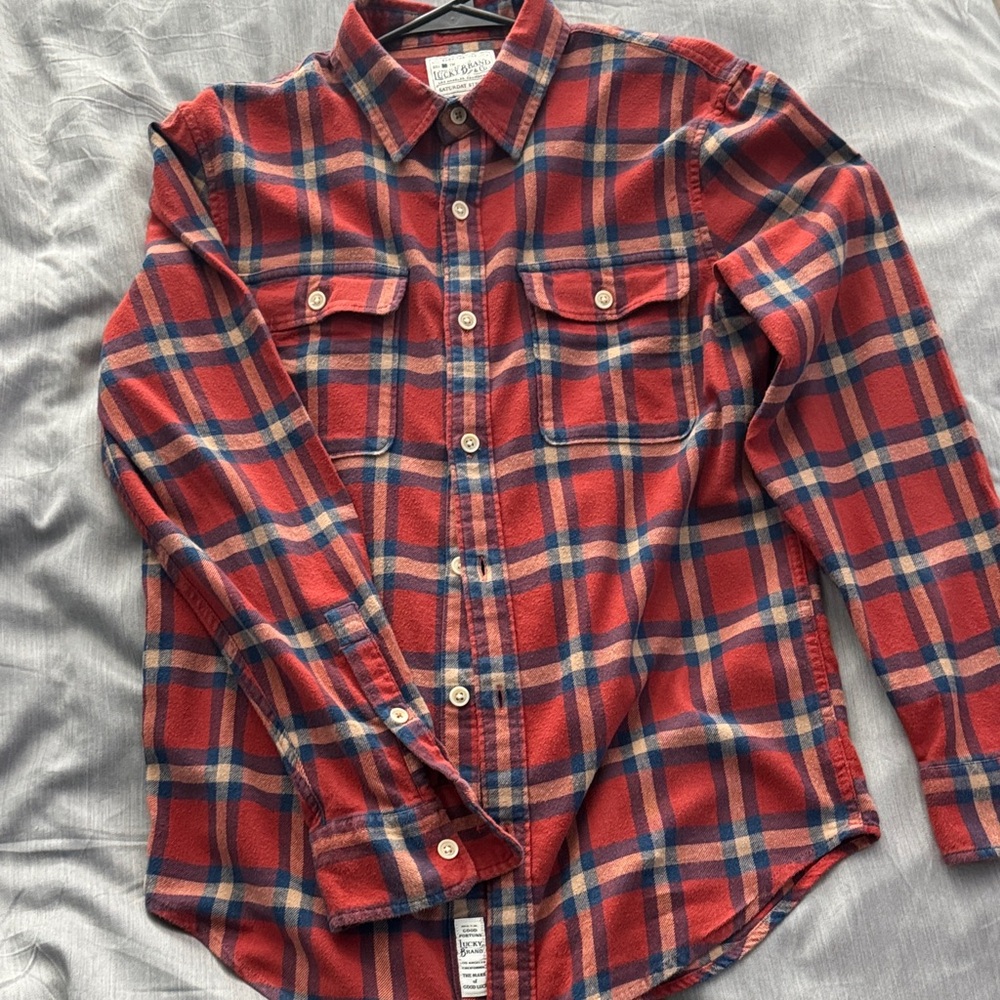 Lucky Brand Red Plaid Button-Down Shirt with Blue and Cream Accents
